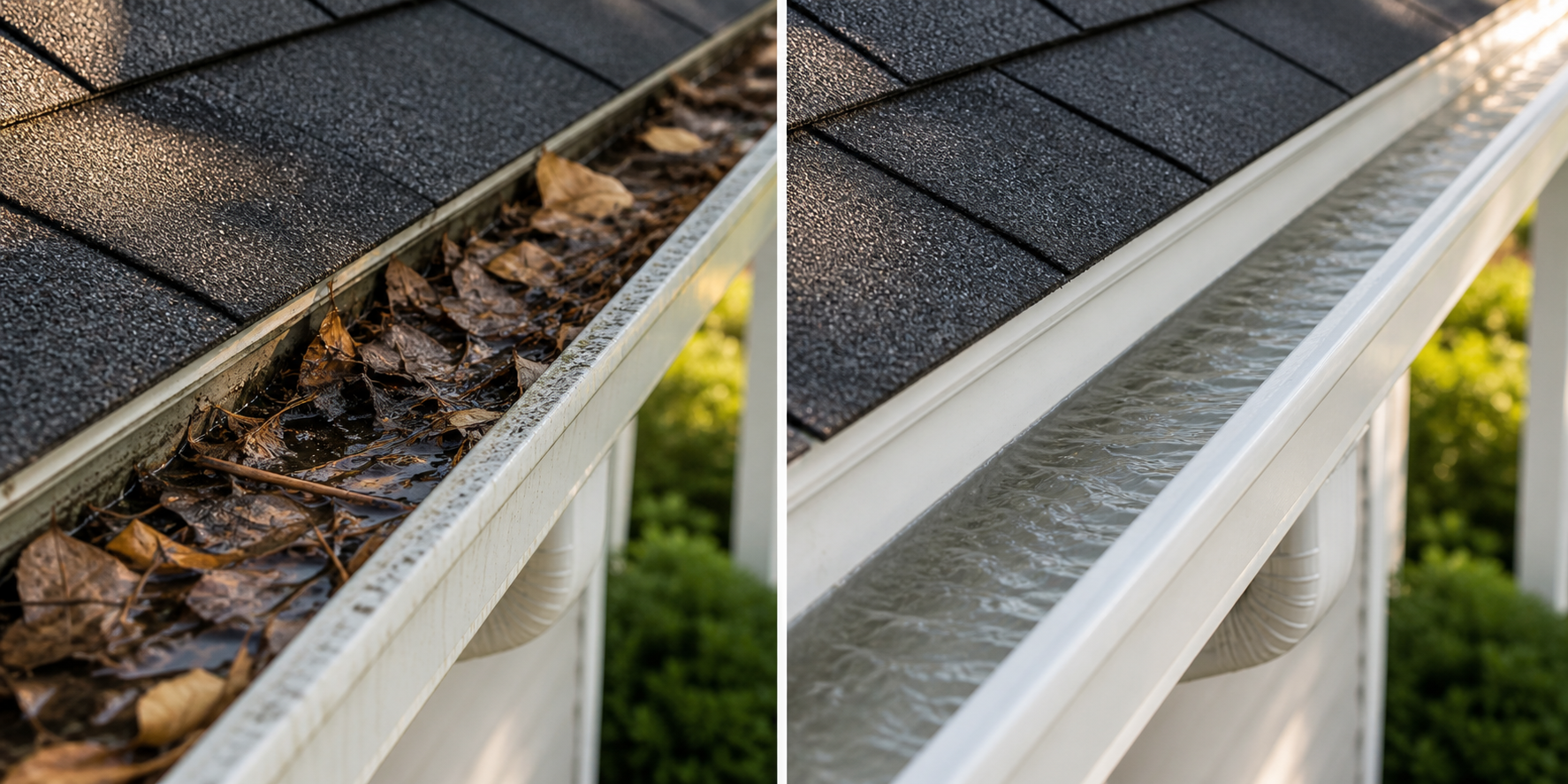 Before and after comparison of gutter cleaning